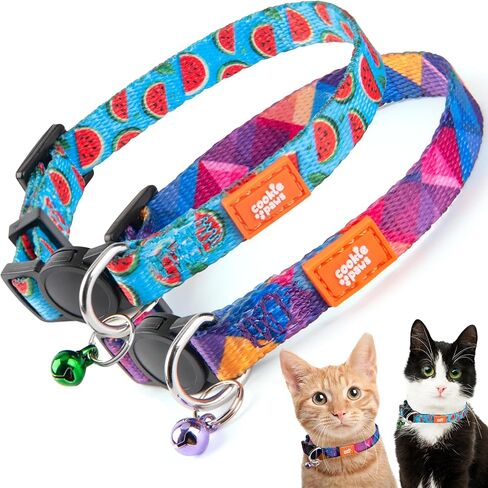 طوق للقطط من كوكي باوز قابل للفصل مع جرس - عبوتان من أطواق القطط اللطيفة للقطط الأولاد والقطط البنات، طوق قطط قابل للتعديل، أبازيم أمان سريعة الفك | 2 قطعة | البطيخ - كسورية in Kuwait