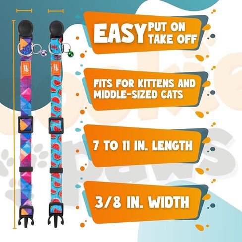 طوق للقطط من كوكي باوز قابل للفصل مع جرس - عبوتان من أطواق القطط اللطيفة للقطط الأولاد والقطط البنات، طوق قطط قابل للتعديل، أبازيم أمان سريعة الفك | 2 قطعة | البطيخ - كسورية in Kuwait