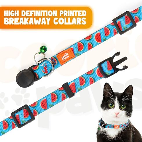 طوق للقطط من كوكي باوز قابل للفصل مع جرس - عبوتان من أطواق القطط اللطيفة للقطط الأولاد والقطط البنات، طوق قطط قابل للتعديل، أبازيم أمان سريعة الفك | 2 قطعة | البطيخ - كسورية in Kuwait