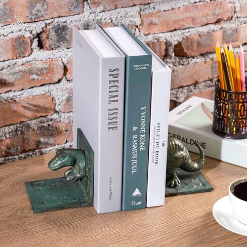 MyGift Dinosaur Bookends, Vintage Cast Iron Tyrannosaurus T-Rex Shaped Design Decorative Book Holder Support, 2 Piece Set in Kuwait
