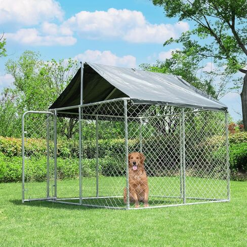 HUSDOW بيت الكلب في الهواء الطلق، 6.5 قدم × 6.5 قدم × 5.6 قدم قفص معدني شديد التحمل للكلاب روضة للكلاب مع قفل آمن وغطاء مقاوم للماء ومضاد للأشعة فوق البنفسجية للحديقة، الفناء، المزرعة، حظيرة الدجاج، بيت الدجاجة in Kuwait
