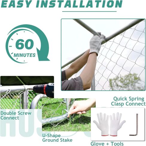 HUSDOW بيت الكلب في الهواء الطلق، 6.5 قدم × 6.5 قدم × 5.6 قدم قفص معدني شديد التحمل للكلاب روضة للكلاب مع قفل آمن وغطاء مقاوم للماء ومضاد للأشعة فوق البنفسجية للحديقة، الفناء، المزرعة، حظيرة الدجاج، بيت الدجاجة in Kuwait