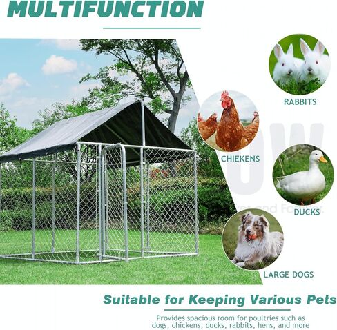 HUSDOW بيت الكلب في الهواء الطلق، 6.5 قدم × 6.5 قدم × 5.6 قدم قفص معدني شديد التحمل للكلاب روضة للكلاب مع قفل آمن وغطاء مقاوم للماء ومضاد للأشعة فوق البنفسجية للحديقة، الفناء، المزرعة، حظيرة الدجاج، بيت الدجاجة in Kuwait