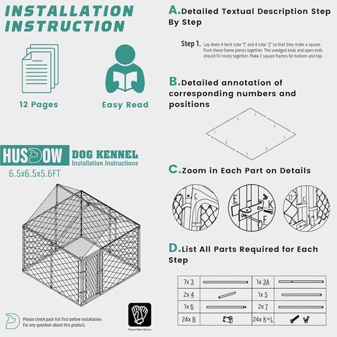 HUSDOW بيت الكلب في الهواء الطلق، 6.5 قدم × 6.5 قدم × 5.6 قدم قفص معدني شديد التحمل للكلاب روضة للكلاب مع قفل آمن وغطاء مقاوم للماء ومضاد للأشعة فوق البنفسجية للحديقة، الفناء، المزرعة، حظيرة الدجاج، بيت الدجاجة in Kuwait