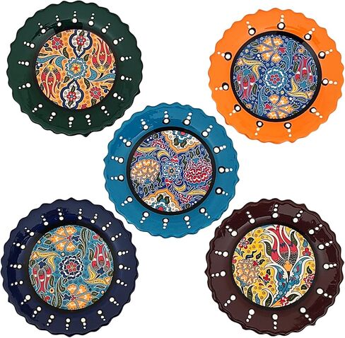 Ayennur Turkish Decorative Plates Set of 5-5.11"(13cm) Multicolor Handmade Ceramic Ornament for Home&Office Wall Decors in Kuwait