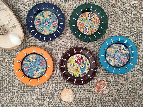 Ayennur Turkish Decorative Plates Set of 5-5.11"(13cm) Multicolor Handmade Ceramic Ornament for Home&Office Wall Decors in Kuwait