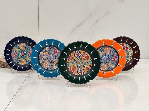 Ayennur Turkish Decorative Plates Set of 5-5.11"(13cm) Multicolor Handmade Ceramic Ornament for Home&Office Wall Decors in Kuwait