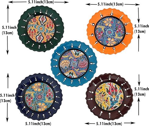 Ayennur Turkish Decorative Plates Set of 5-5.11"(13cm) Multicolor Handmade Ceramic Ornament for Home&Office Wall Decors in Kuwait
