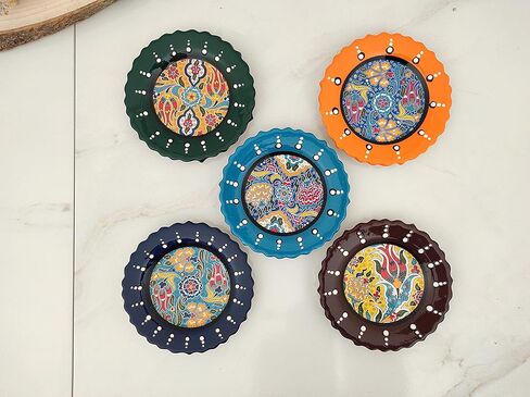 Ayennur Turkish Decorative Plates Set of 5-5.11"(13cm) Multicolor Handmade Ceramic Ornament for Home&Office Wall Decors in Kuwait
