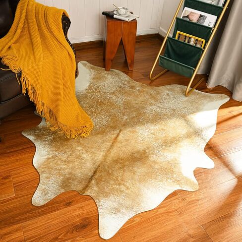 Rtizon Faux Cowhide Rug for Living Room, 4.6 x 5.2 Feet Khaki, Cow Print Skins Rug for Bedroom, Durable Premium Faux Fur Animal Cow Hide Rugs Carpet for Western Decor in Kuwait