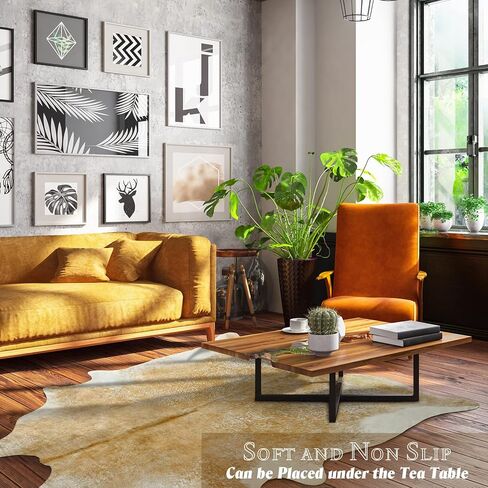 Rtizon Faux Cowhide Rug for Living Room, 4.6 x 5.2 Feet Khaki, Cow Print Skins Rug for Bedroom, Durable Premium Faux Fur Animal Cow Hide Rugs Carpet for Western Decor in Kuwait