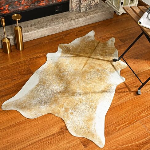 Rtizon Faux Cowhide Rug for Living Room, 4.6 x 5.2 Feet Khaki, Cow Print Skins Rug for Bedroom, Durable Premium Faux Fur Animal Cow Hide Rugs Carpet for Western Decor in Kuwait