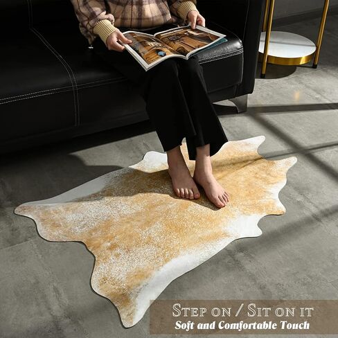 Rtizon Faux Cowhide Rug for Living Room, 4.6 x 5.2 Feet Khaki, Cow Print Skins Rug for Bedroom, Durable Premium Faux Fur Animal Cow Hide Rugs Carpet for Western Decor in Kuwait
