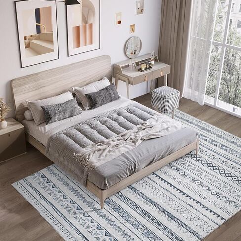 Area Rugs 8x10 Living Room Rug, Machine Washable Rug Soft Large Area Rug with Anti-Slip Backing Stain-Resistant, Modern Geometric Indoor Floor Carpet for Bedroom Dining Room Nursery-Blue in Kuwait