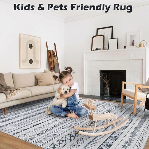 Area Rugs 8x10 Living Room Rug, Machine Washable Rug Soft Large Area Rug with Anti-Slip Backing Stain-Resistant, Modern Geometric Indoor Floor Carpet for Bedroom Dining Room Nursery-Blue in Kuwait
