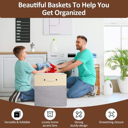 صناديق تخزين قابلة للطي مقاس 13 × 13 مكعبات تخزين من القماش وسلال تخزين من الكتان للأرفف ودرج بمقابض لتنظيم الخزانة وغرفة المرافق وغرفة التخزين والحضانة وغرفة النوم مكونة من 4 قطع باللون الأبيض والأزرق الداكن in Kuwait