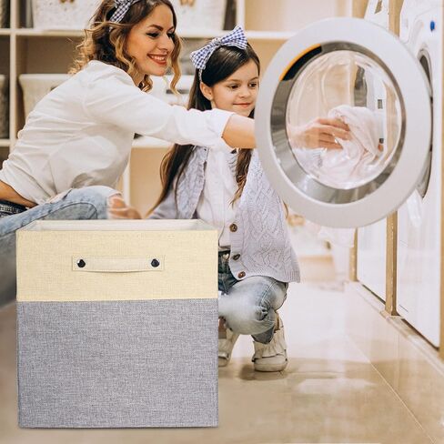 صناديق تخزين قابلة للطي مقاس 13 × 13 مكعبات تخزين من القماش وسلال تخزين من الكتان للأرفف ودرج بمقابض لتنظيم الخزانة وغرفة المرافق وغرفة التخزين والحضانة وغرفة النوم مكونة من 4 قطع باللون الأبيض والأزرق الداكن in Kuwait