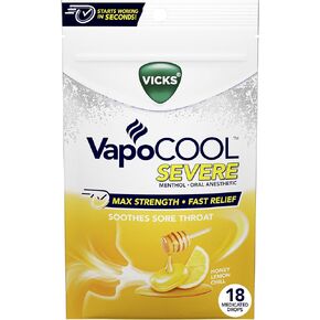 Vicks VapoCOOL Severe Medicated Sore Throat Drops, Fast-Acting Max Strength Relief, Soothes Sore Throat Pain Caused by Cough, Powerful Vapors, Menthol, Honey Lemon Chill Flavor, 45ct in Saudi Arabia