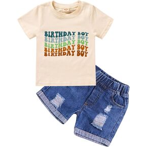 مجموعة ملابس Viworld The عيد ميلاد الصبي للأطفال الأولاد بأكمام قصيرة وقميص مطبوع عليه حروف من قماش الدنيم وبنطلون قصير على شكل كعكة سماش in Kuwait