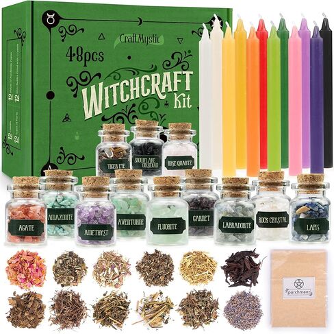 Witchcraft Supplies Kit – Beginner Witch Spells Starter Kit Crystals Jars Dried Herbs and Colored Candles for Witches Pagan Altar Decor - Wiccan Supplies and Tools Box Witchy Gifts Stuff in Kuwait