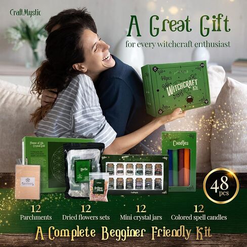 Witchcraft Supplies Kit – Beginner Witch Spells Starter Kit Crystals Jars Dried Herbs and Colored Candles for Witches Pagan Altar Decor - Wiccan Supplies and Tools Box Witchy Gifts Stuff in Kuwait