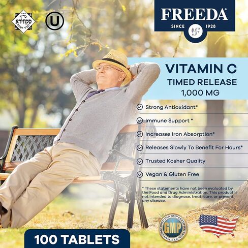 FREEDA Vitamin C - Timed Release Vitamin C 1000mg - Kosher Vegan - Powerful Antioxidant Immune Support - Time Release Vitamin C 1000mg Tablets - Real Vitamin C 1000 mg - VIT C Supplement (100 Ct) in Saudi Arabia