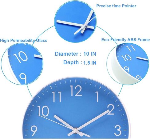 Epy Huts ساعة حائط تعمل بالبطارية في الأماكن المغلقة غير موقوتة صامتة كوارتز ساعة حائط حركة هادئة للمكتب والحمام وغرفة المعيشة ديكور 10 بوصة أزرق داكن in Kuwait