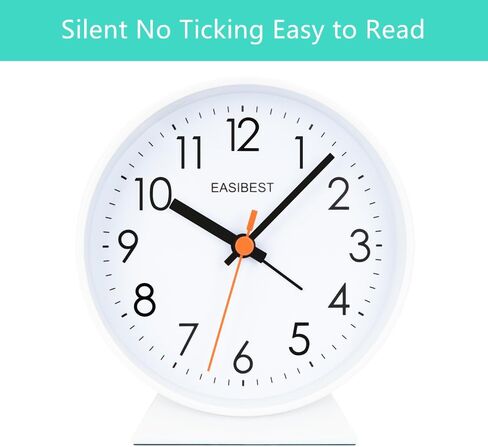 EASIBEST No Ticking Silent Alarm Clock,Easy to Read and Use,Ascending Sound,1 AA Battery Operated,Snooze Light,Bedside Desk Clock,White in Saudi Arabia