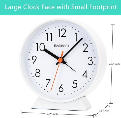 EASIBEST No Ticking Silent Alarm Clock,Easy to Read and Use,Ascending Sound,1 AA Battery Operated,Snooze Light,Bedside Desk Clock,White in Saudi Arabia