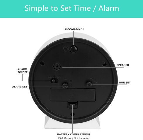 EASIBEST No Ticking Silent Alarm Clock,Easy to Read and Use,Ascending Sound,1 AA Battery Operated,Snooze Light,Bedside Desk Clock,White in Saudi Arabia