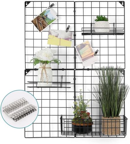 NEX Wall Grid Panel with Grid Baskets, Wire Wall Grid, Photo Picture Display, Memo Board, Wall DIY Decor Storage Organizer, 32.68'' x 23.82'' in Kuwait