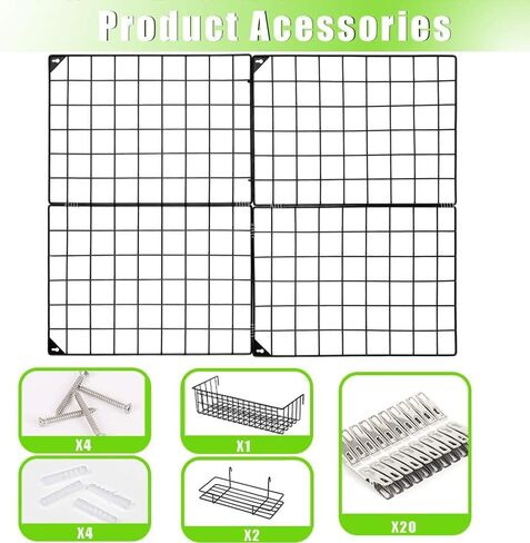 NEX Wall Grid Panel with Grid Baskets, Wire Wall Grid, Photo Picture Display, Memo Board, Wall DIY Decor Storage Organizer, 32.68'' x 23.82'' in Kuwait