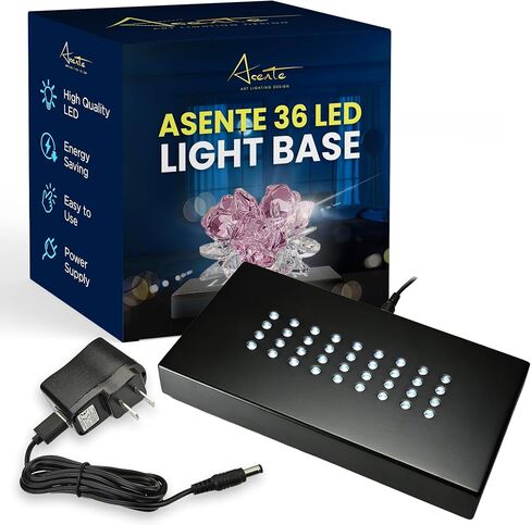 ASENTE 36 قاعدة مضاءة بإضاءة LED بيضاء لفن الزجاج - شاشة كريستال، قاعدة أكريليك مضاءة، مزهرية زجاجية للحامل المركزي، حامل قاعدة للحرف اليدوية والديكورات الأخرى، 4.5 فولت تيار متردد/USB، أسود غير لامع in Kuwait