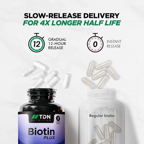 مكمل TDN البيوتين للشعر والبشرة والأظافر (12000 مجم لكل جرعة) - فيتامينات نمو الشعر للنساء والرجال - امتصاص أكبر بنسبة 50% مع مركب d-biotin الطبيعي وzc-Boost™ الزنك والنحاس - نباتي in Kuwait
