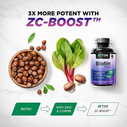 مكمل TDN البيوتين للشعر والبشرة والأظافر (12000 مجم لكل جرعة) - فيتامينات نمو الشعر للنساء والرجال - امتصاص أكبر بنسبة 50% مع مركب d-biotin الطبيعي وzc-Boost™ الزنك والنحاس - نباتي in Kuwait