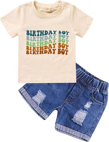 مجموعة ملابس Viworld The عيد ميلاد الصبي للأطفال الأولاد بأكمام قصيرة وقميص مطبوع عليه حروف من قماش الدنيم وبنطلون قصير على شكل كعكة سماش in Kuwait