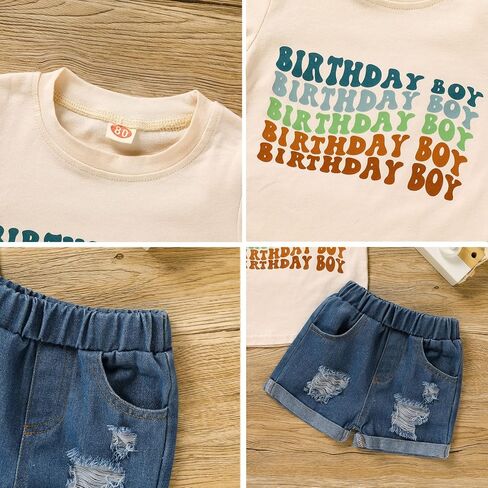 مجموعة ملابس Viworld The عيد ميلاد الصبي للأطفال الأولاد بأكمام قصيرة وقميص مطبوع عليه حروف من قماش الدنيم وبنطلون قصير على شكل كعكة سماش in Kuwait