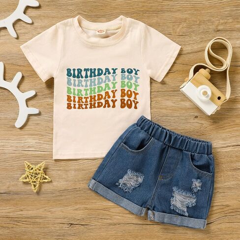 مجموعة ملابس Viworld The عيد ميلاد الصبي للأطفال الأولاد بأكمام قصيرة وقميص مطبوع عليه حروف من قماش الدنيم وبنطلون قصير على شكل كعكة سماش in Kuwait