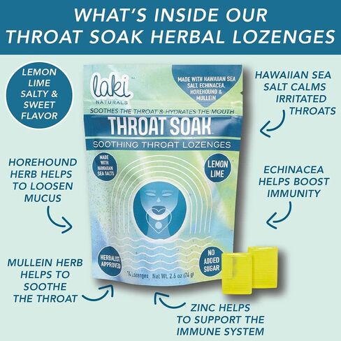 Laki Naturals Throat Soak Herbal Throat Lozenges (14 Ct) – Hawaiian Sea Salt Sore Throat & Dry Mouth Soothing Drops – Vegan, Non-GMO, Sugar-Free & Gluten-Free Sweet and Salty Herbal Candies in Kuwait
