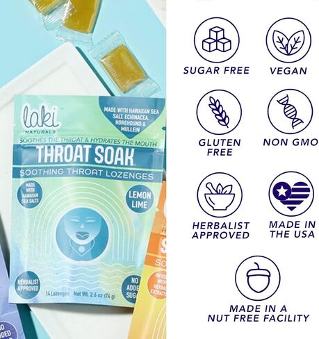 Laki Naturals Throat Soak Herbal Throat Lozenges (14 Ct) – Hawaiian Sea Salt Sore Throat & Dry Mouth Soothing Drops – Vegan, Non-GMO, Sugar-Free & Gluten-Free Sweet and Salty Herbal Candies in Kuwait