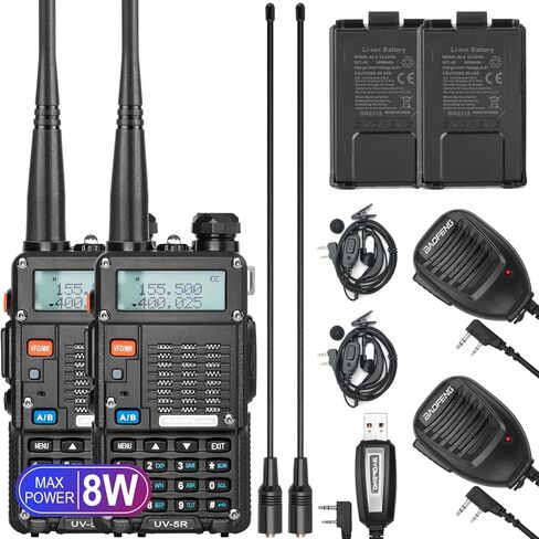 BAOFENG UV-5R 8-Watt Radio (UV-5R 3rd Gen) with Programming Cable and High-gain Antenna, Long Range Handheld Ham Radio with Earpiece and Hand Microphone (2 Pack) in Kuwait