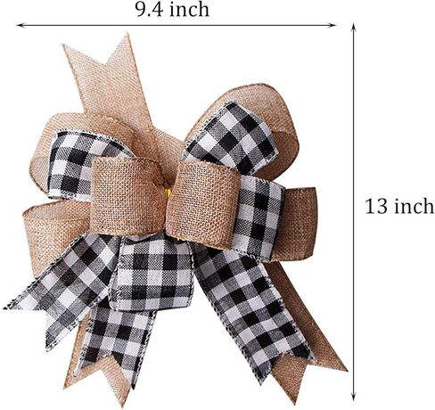 Black White Buffalo Plaid Burlap Wreath Bow Double Layed Gift Bows Wreath Bow Wall Ornaments Christmas Tree Topper Bows for Holiday Home Front Door Decorations, 12 x 9.4 inch in Kuwait