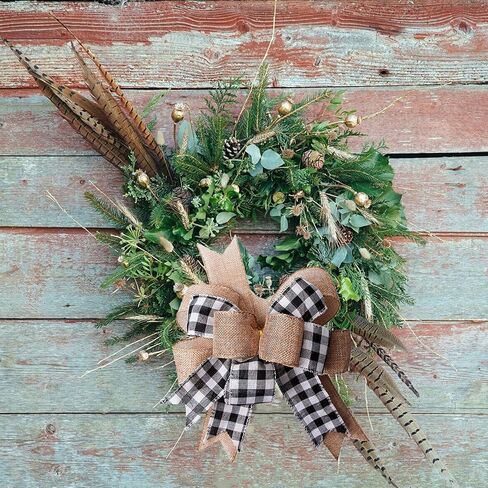 Black White Buffalo Plaid Burlap Wreath Bow Double Layed Gift Bows Wreath Bow Wall Ornaments Christmas Tree Topper Bows for Holiday Home Front Door Decorations, 12 x 9.4 inch in Kuwait