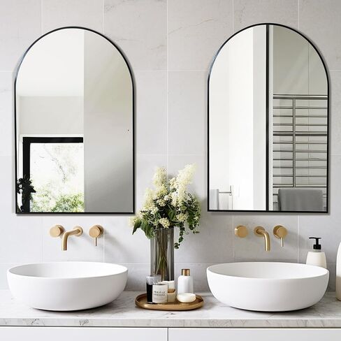 مجموعة دولونم 2 مرآة حائط مقوسة مقاس 36 × 24 بوصة، مرايا زينة للحمام، مرايا قوس بإطار من سبائك الألومنيوم للجدار، مرايا مثبتة على الحائط للحمام، المدخل، أسود (مجموعة من 2) in Kuwait