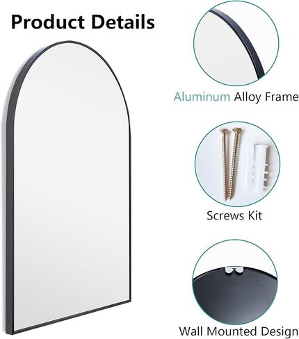 مجموعة دولونم 2 مرآة حائط مقوسة مقاس 36 × 24 بوصة، مرايا زينة للحمام، مرايا قوس بإطار من سبائك الألومنيوم للجدار، مرايا مثبتة على الحائط للحمام، المدخل، أسود (مجموعة من 2) in Kuwait