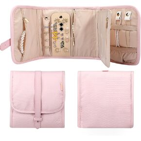 Voova Travel Jewelry Holder Organizer Case, Small Jewelry Storage Bag for Women Girls, Foldable Traveling Jewellery Pouch Roll for Necklaces Rings Earrings Bracelets, Mini, Apricot in Saudi Arabia