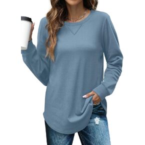 Saloogoe Sweatshirts for Women Crewneck Long Sleeve Curved Hem Tops Lightweight Sweaters Fashion 2023 in Kuwait