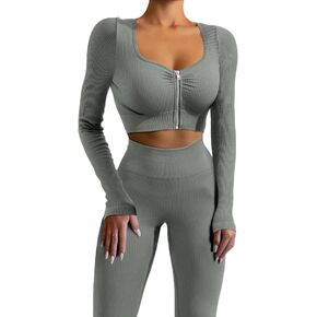 ABOCIW Seamless Workout Sets for Women Ribbed Long Sleeve Zip Crop Top High Waist Leggings 2 Piece GYm Yoga Outfits