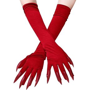 Halloween Costume Gloves Long Stretchy Satin Fingernails 1920s Opera Party Gloves Feather Wolf Cat Paw Claws Cosplay Gloves