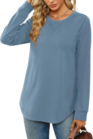 Saloogoe Sweatshirts for Women Crewneck Long Sleeve Curved Hem Tops Lightweight Sweaters Fashion 2023 in Kuwait